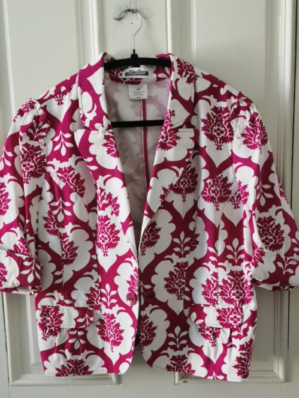 Womens Vintage Midtown Pink/White Floral Damask Print  Blazer Jacket. Size L